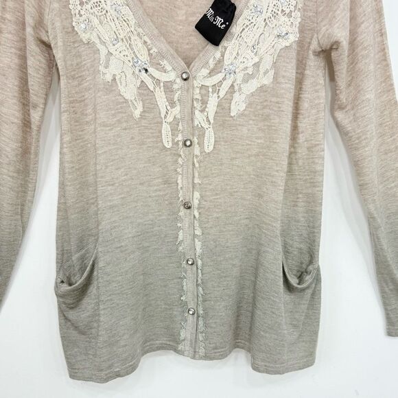 Miss Me Tan Gray Ombré V Neck Lace Trim Rhinestone Jersey Stretch Cardigan NEW - Picture 7 of 16